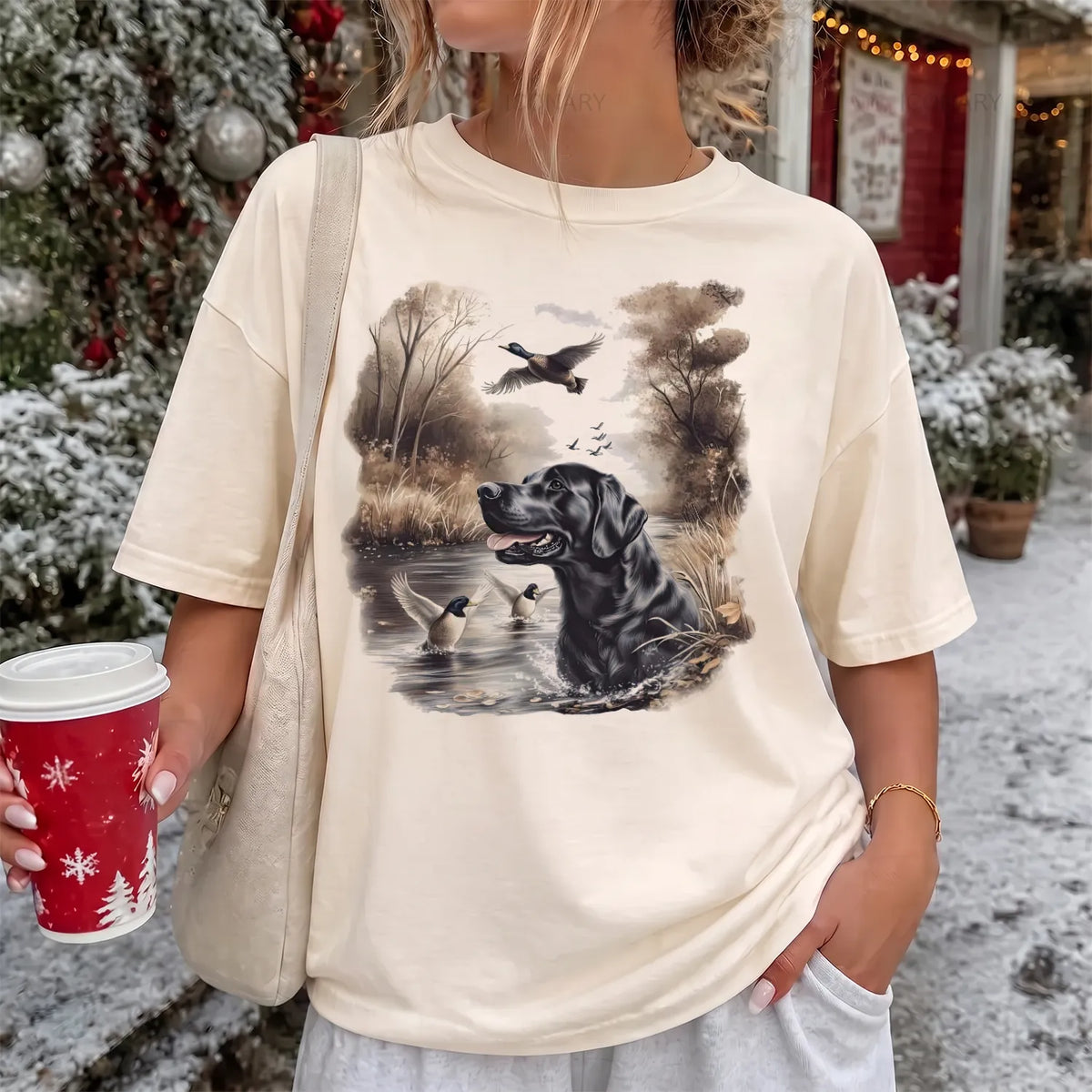 Black Lab Mallard Marsh T-Shirt Women model in Ivory