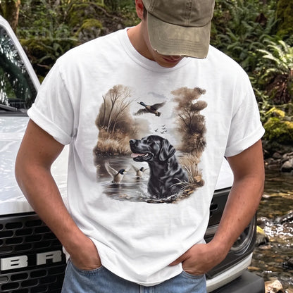 Black Lab Mallard Marsh T-Shirt Men model in White