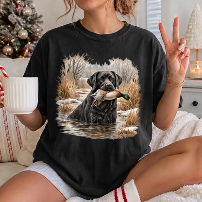 Black Lab Mallard Retriever T-Shirt Women model in Black