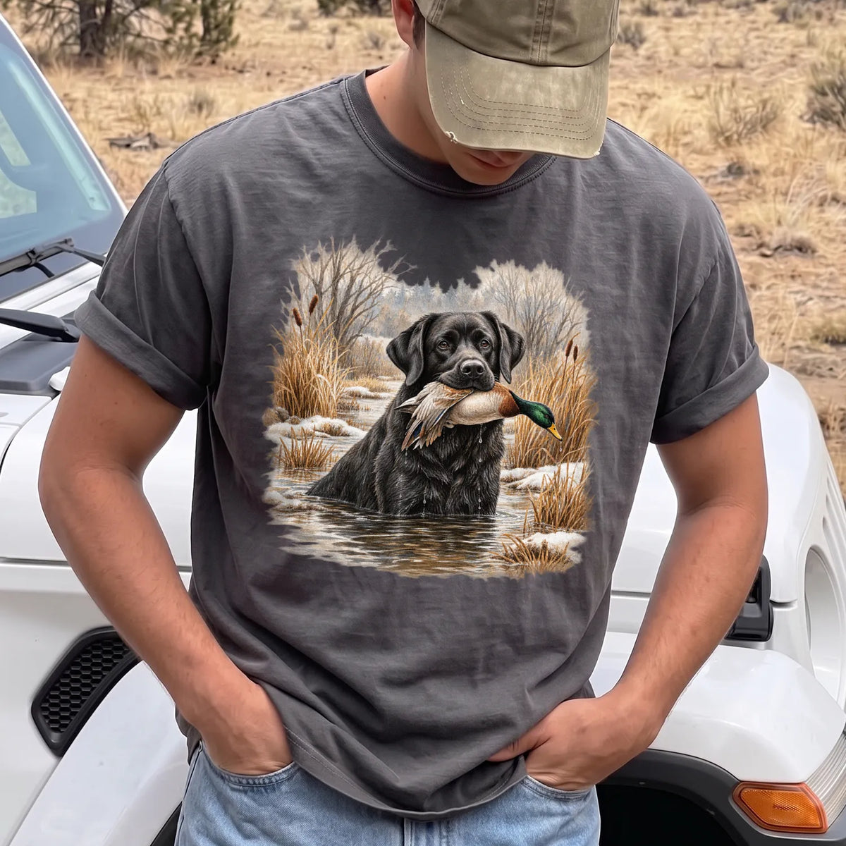 Black Lab Mallard Retriever T-Shirt Men model in Pepper