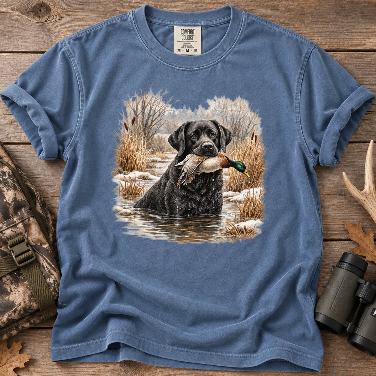 Black Lab Mallard Retriever T-Shirt in Blue Jean