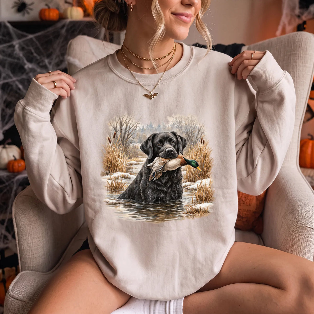 Black Lab Retriever Sweatshirt Women model in Sand