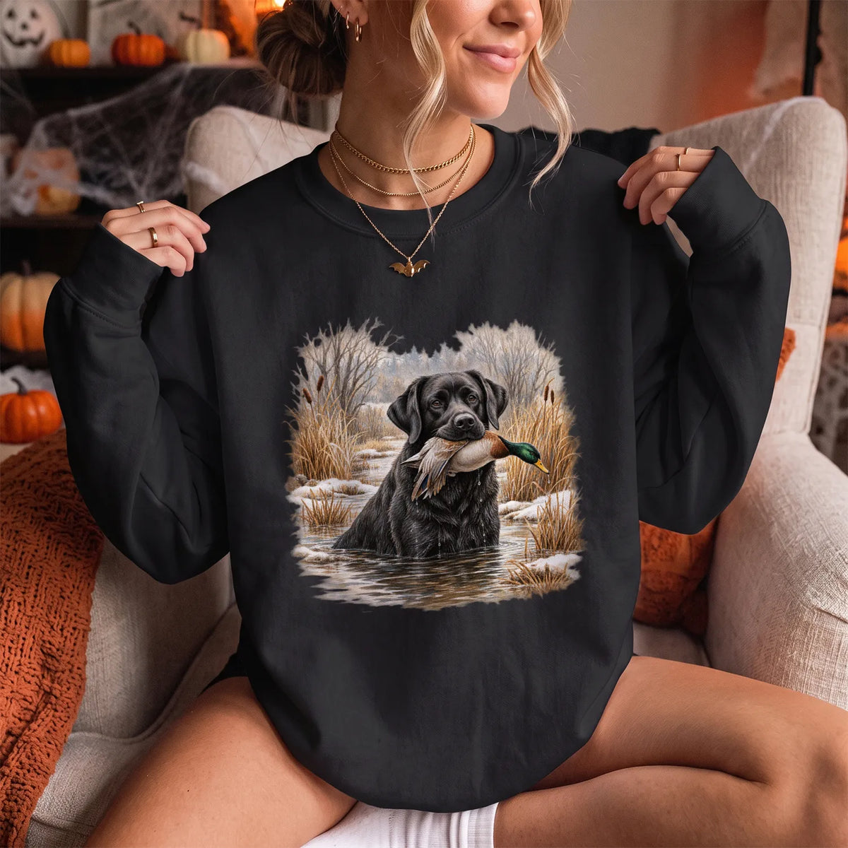 Black Lab Retriever Sweatshirt Women model in Black