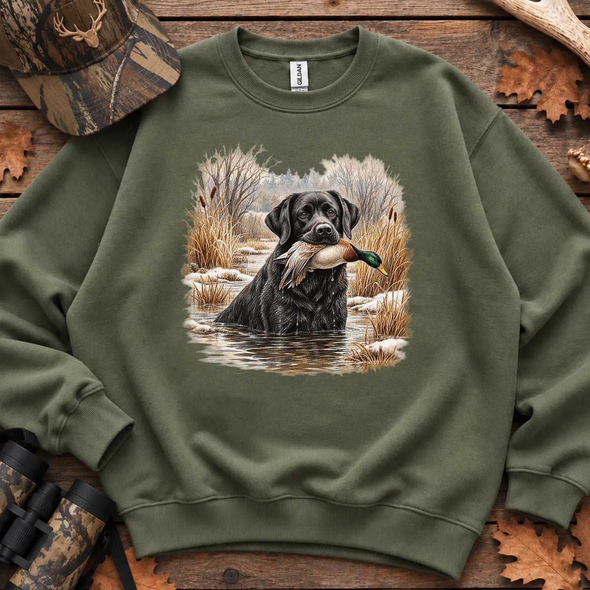 Black Lab Retriever Sweatshirt in Military Green