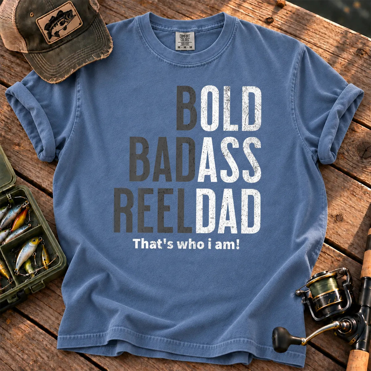 Bold Reel Dad Fishing T-Shirt in Blue Jean
