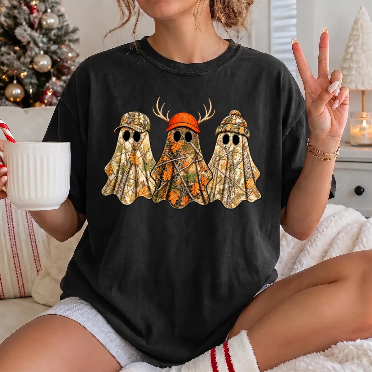 Boo Hunting Ghost T-Shirt Women model in Black