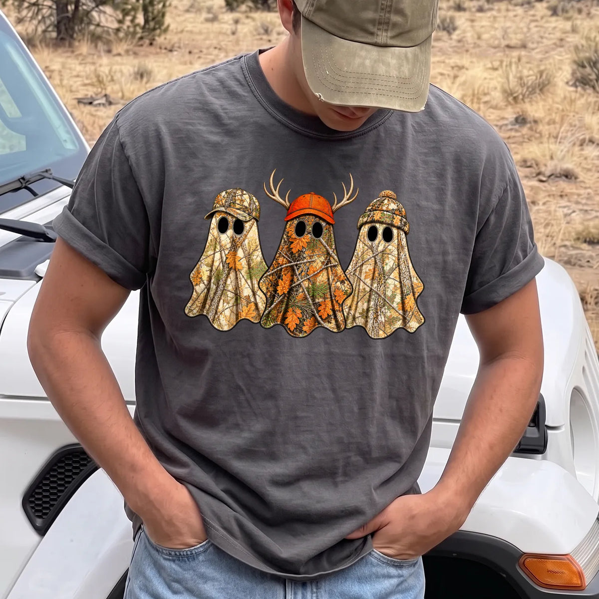 Boo Hunting Ghost T-Shirt Men model in Pepper