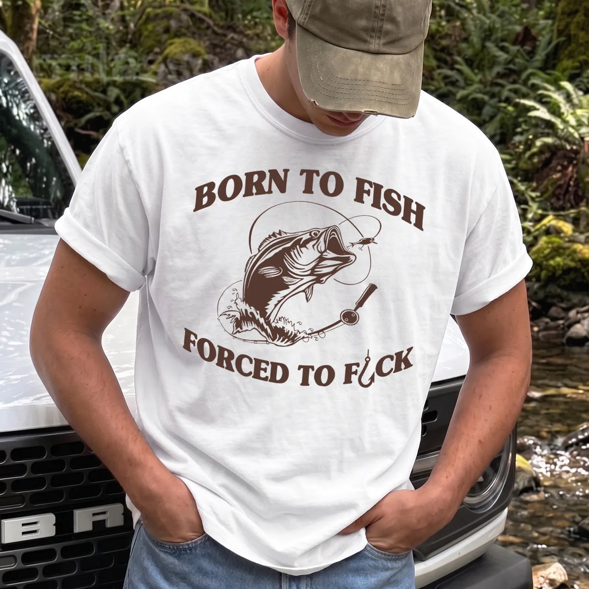 Born to Fish Adult Humor T-Shirt Men model in White