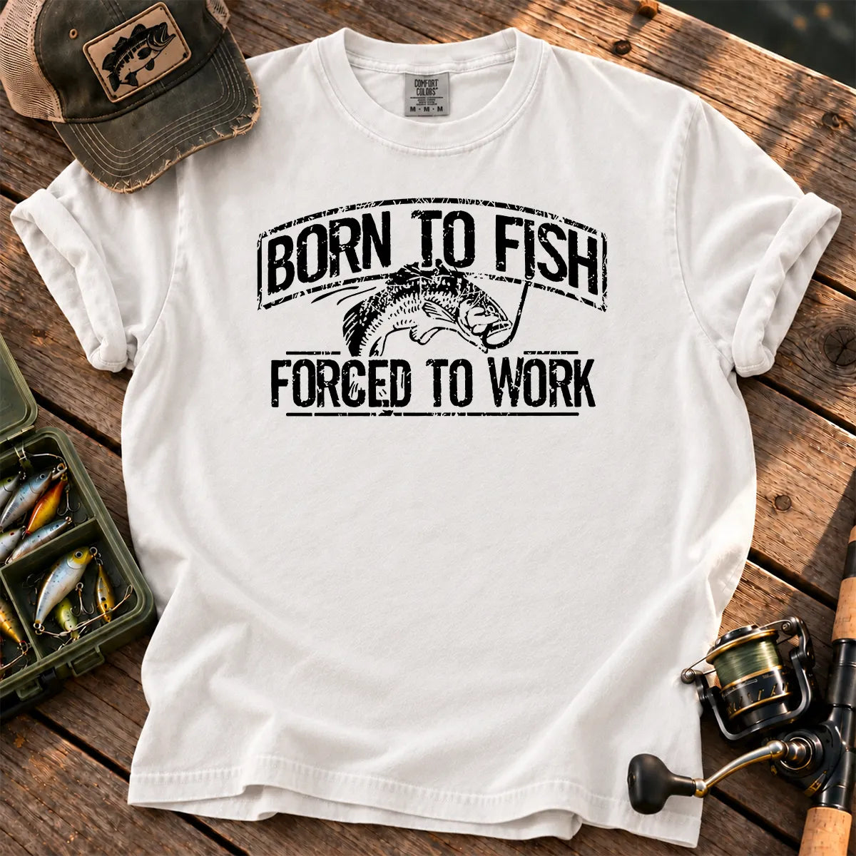 Born to Fish Forced to Work T-Shirt in White