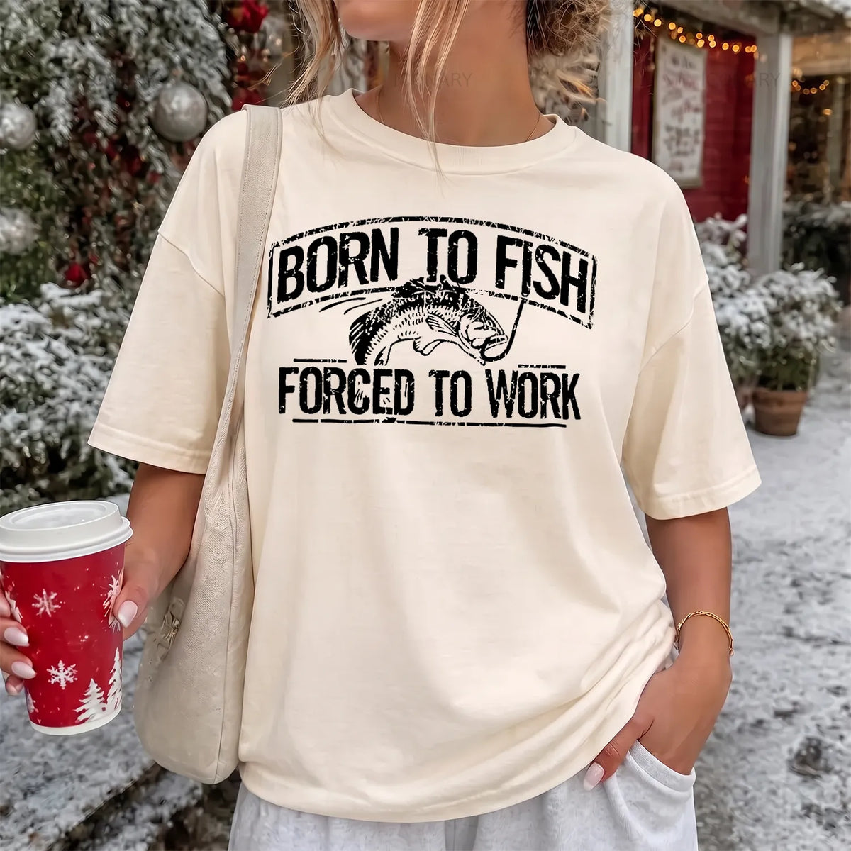 Born to Fish Forced to Work T-Shirt Women model in Ivory