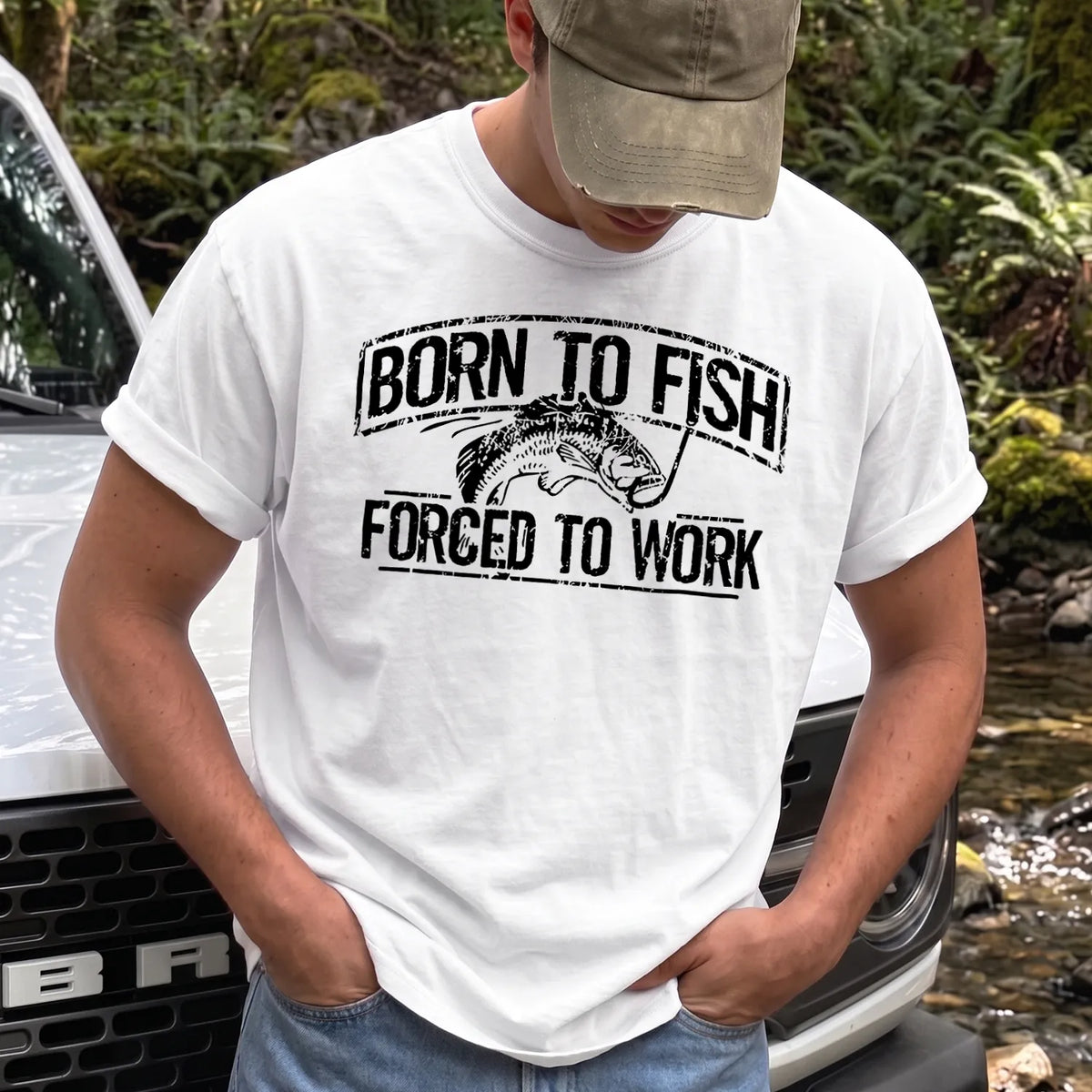 Born to Fish Forced to Work T-Shirt Men model in White