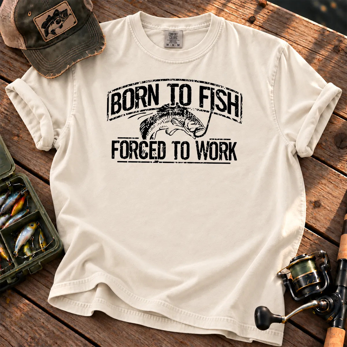 Born to Fish Forced to Work T-Shirt in Ivory