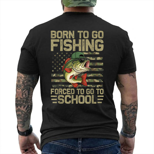 Black T-shirt back with bass over a camouflage American flag and Born to Go Fishing school joke reading 'BORN TO GO FISHING FORCED TO GO TO SCHOOL'