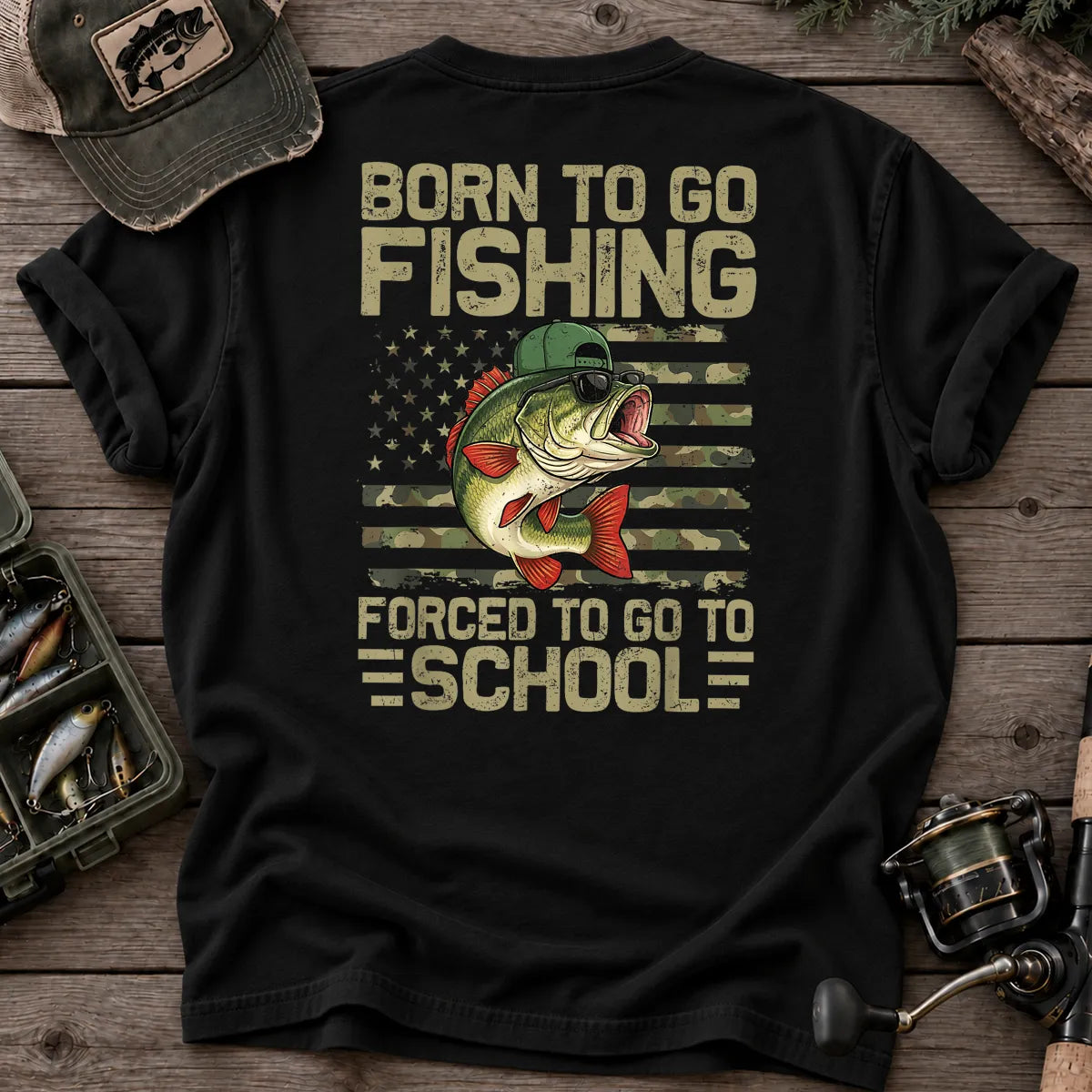 Born to Go Fishing, Forced to Go to School T-Shirt in Black