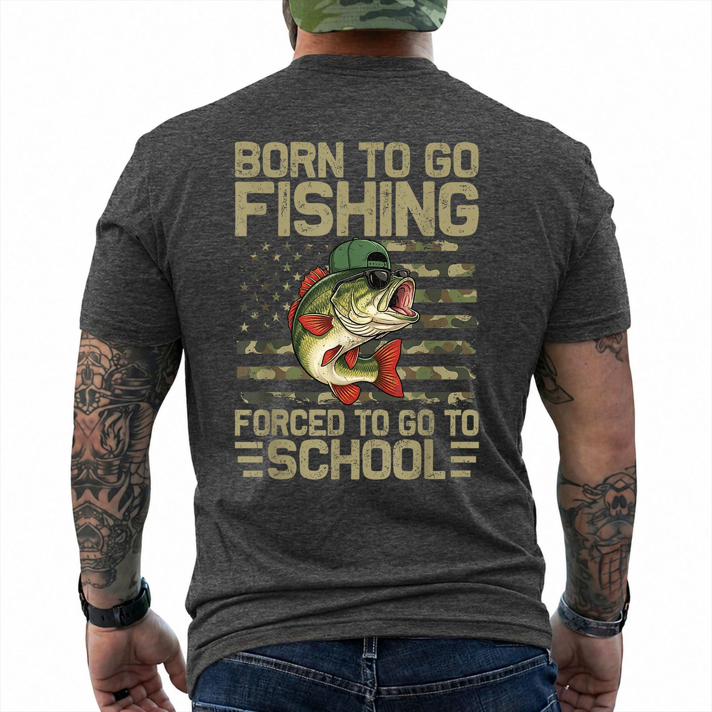Dark Heather T-shirt back with bass over a camouflage American flag and Born to Go Fishing school joke