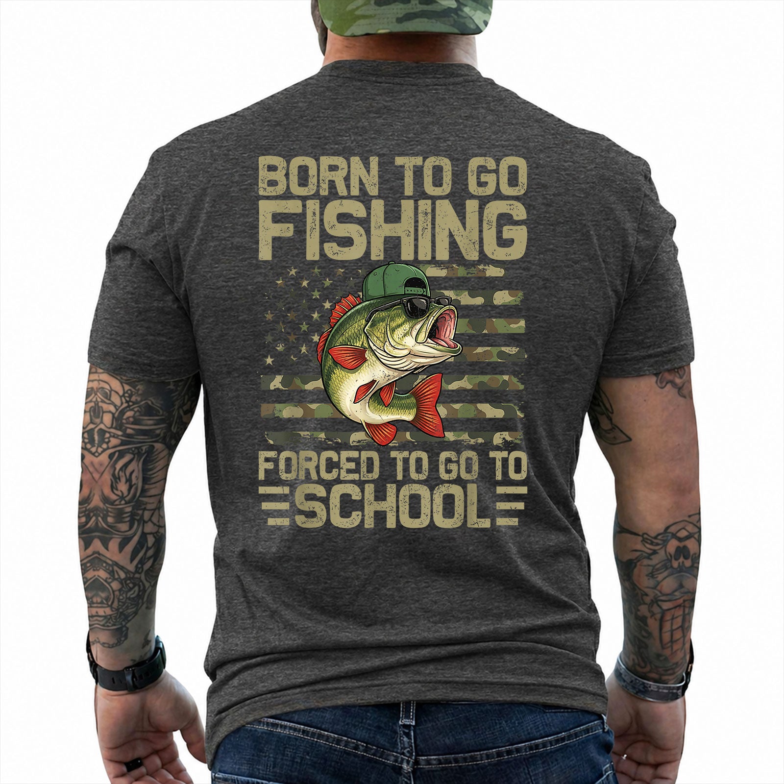 Dark Heather T-shirt back with bass over a camouflage American flag and Born to Go Fishing school joke