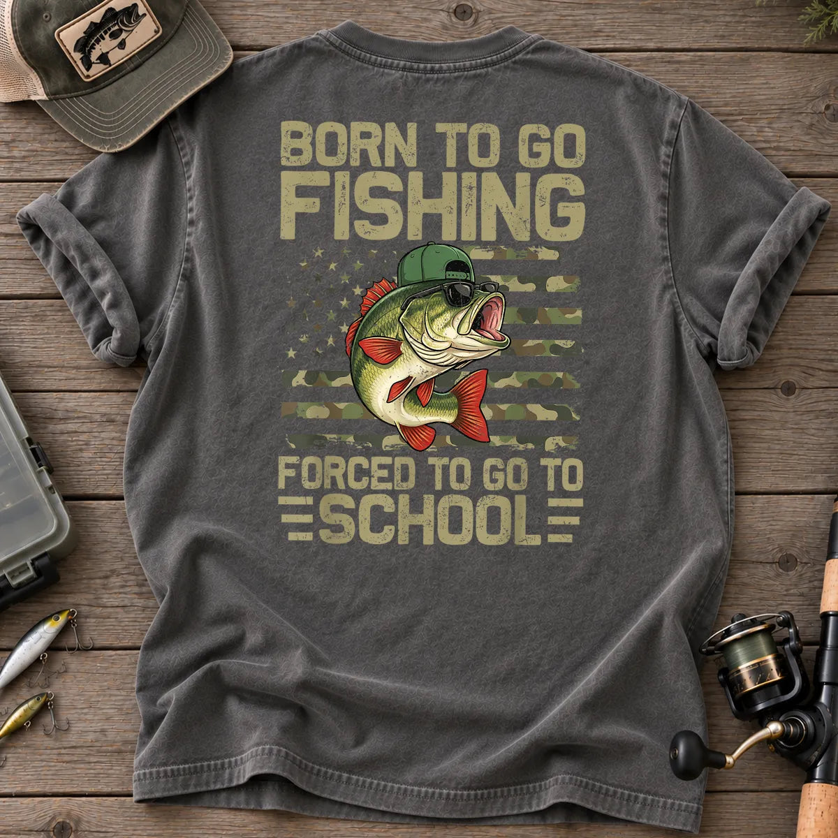 Born to Go Fishing, Forced to Go to School T-Shirt in Pepper