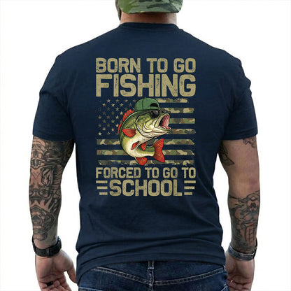 Forest Green T-shirt back with bass over a camouflage American flag and Born to Go Fishing school joke