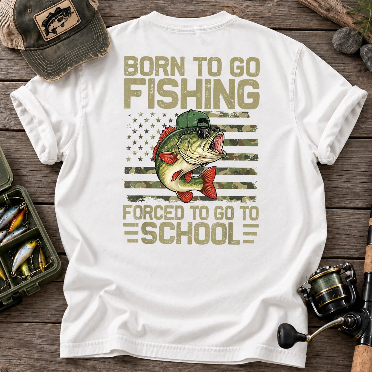 Born to Go Fishing, Forced to Go to School T-Shirt in White