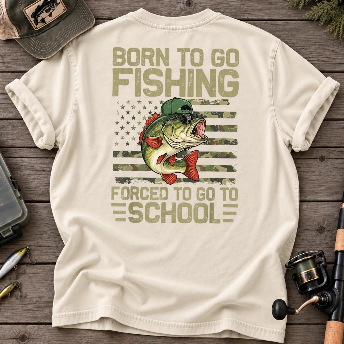 Born to Go Fishing, Forced to Go to School T-Shirt in Ivory