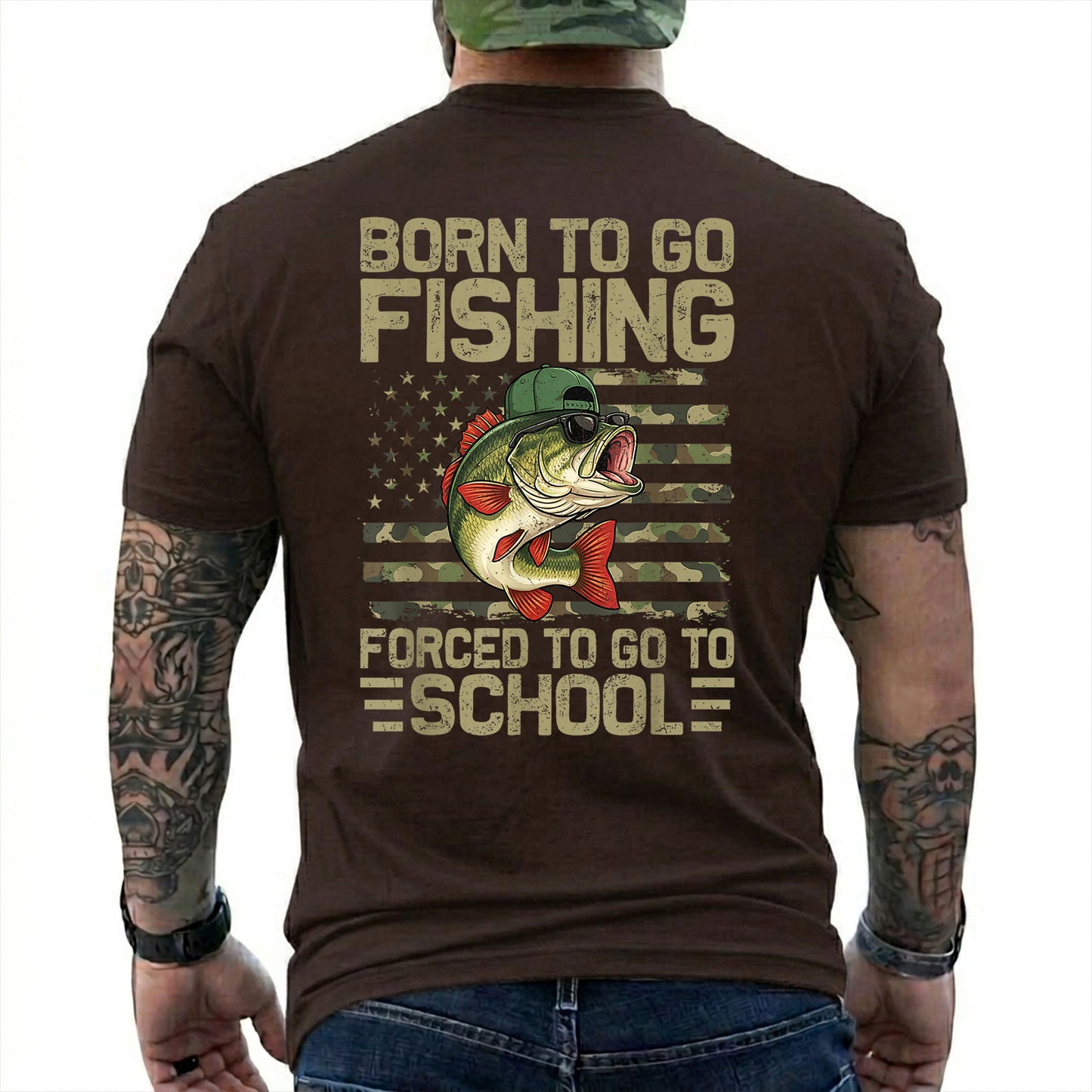 Dark Chocolate T-shirt back with bass over a camouflage American flag and Born to Go Fishing school joke