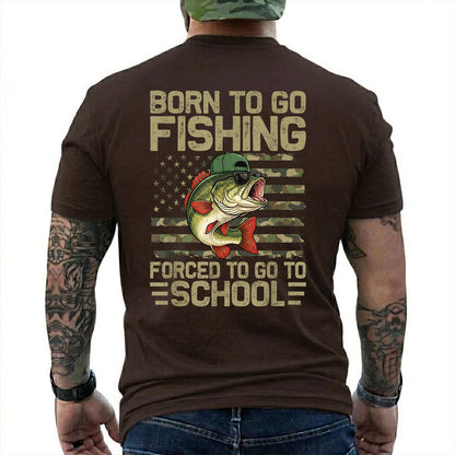 Dark Chocolate T-shirt back with bass over a camouflage American flag and Born to Go Fishing school joke