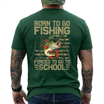 Navy T-shirt back with bass over a camouflage American flag and Born to Go Fishing school joke