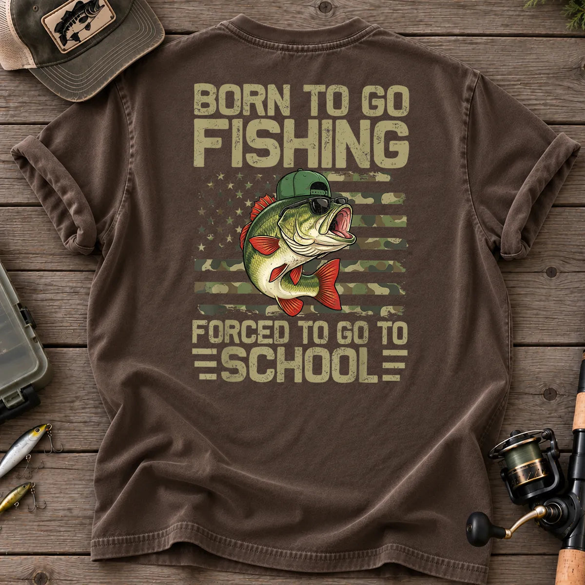 Born to Go Fishing, Forced to Go to School T-Shirt in Espresso