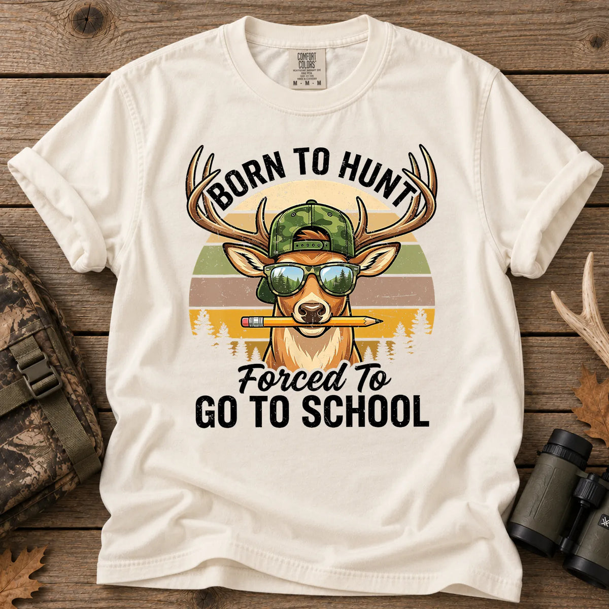 Born to Hunt Forced to Go to School T-Shirt in Ivory
