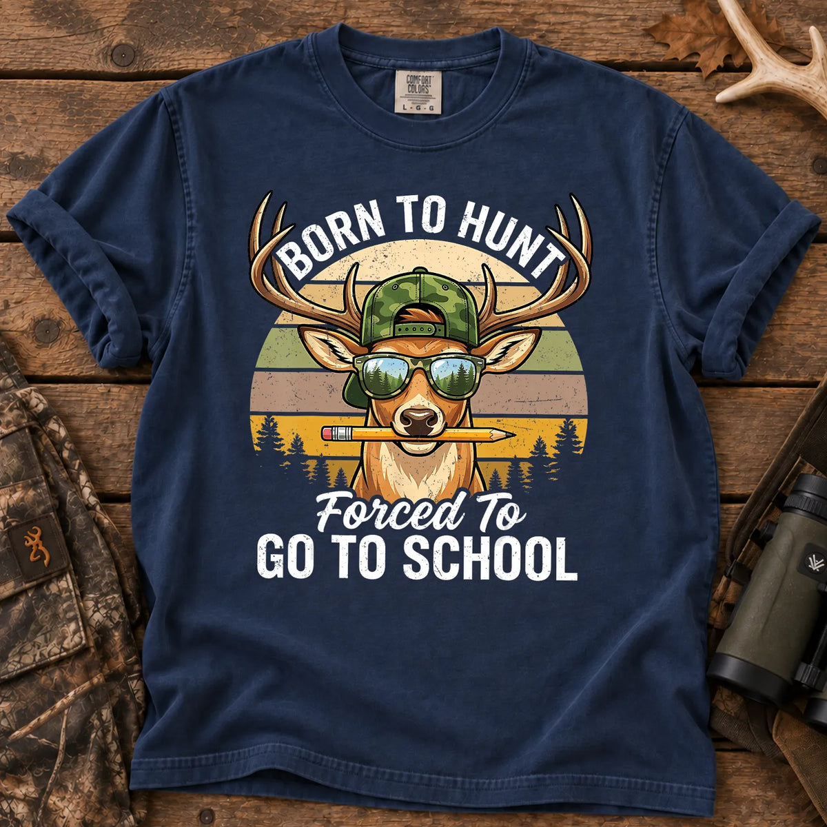 Born to Hunt Forced to Go to School T-Shirt in True Navy