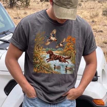 Boykin Spaniel Duck Hunting T-Shirt Men model in Pepper