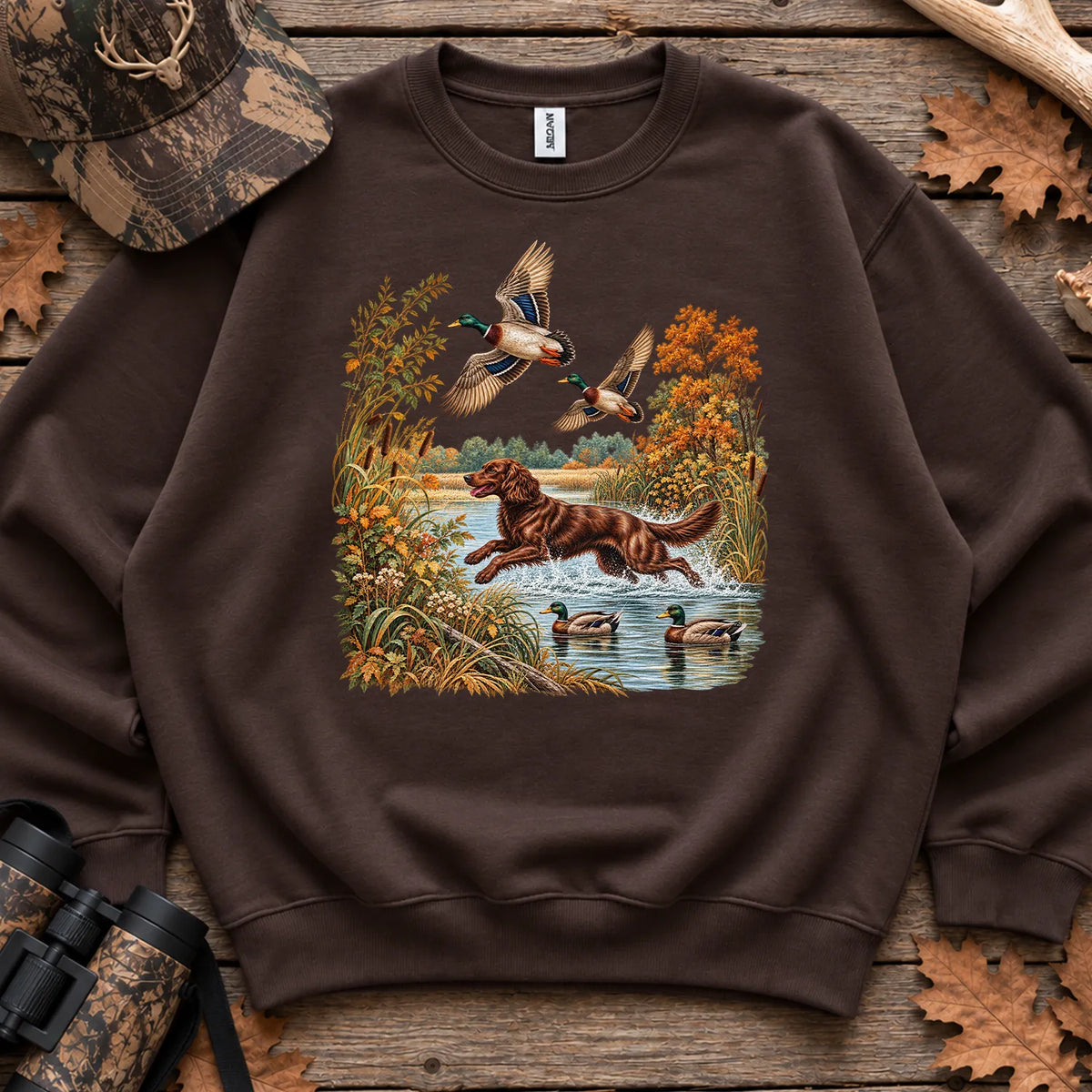Boykin Spaniel Retrieving Mallards Sweatshirt in Dark Chocolate
