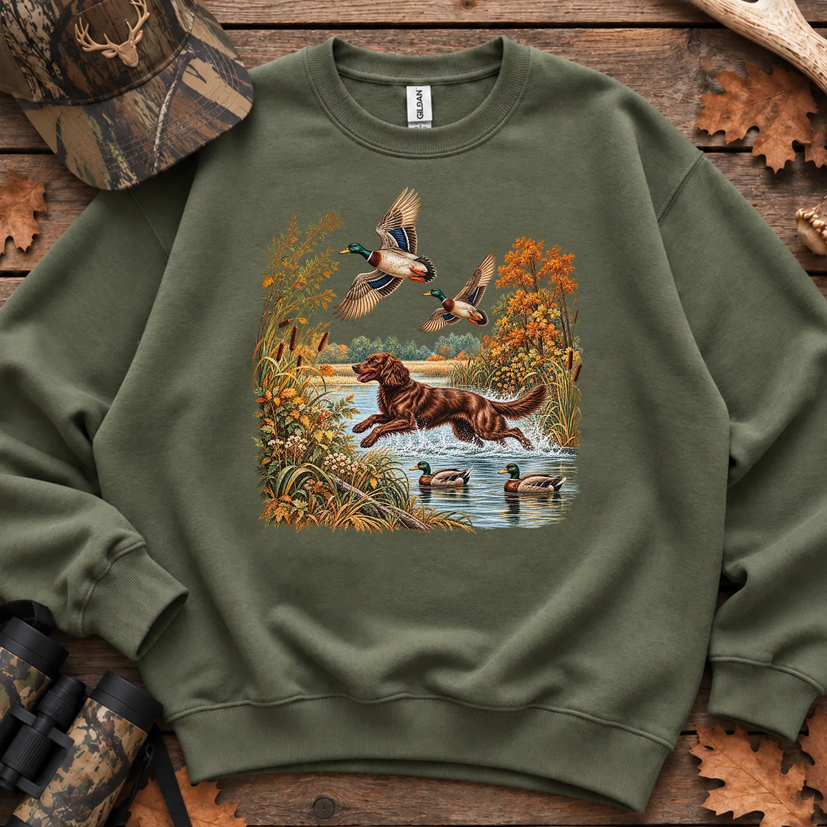 Boykin Spaniel Retrieving Mallards Sweatshirt in Military Green