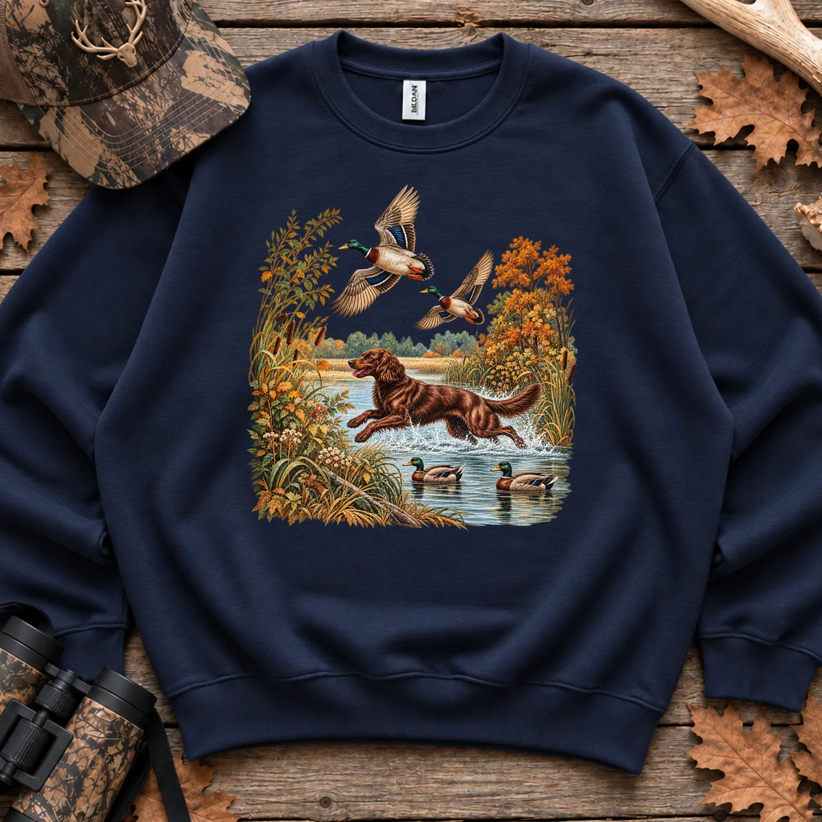 Boykin Spaniel Retrieving Mallards Sweatshirt in Navy