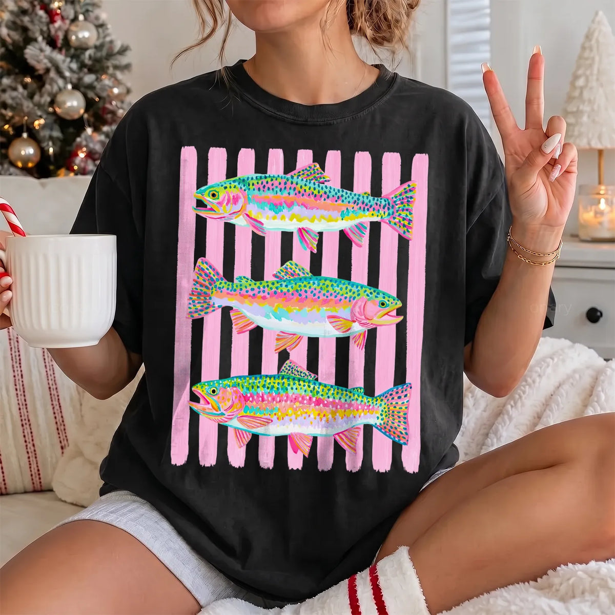 Bright Rainbow Trout T-Shirt Women model in Black