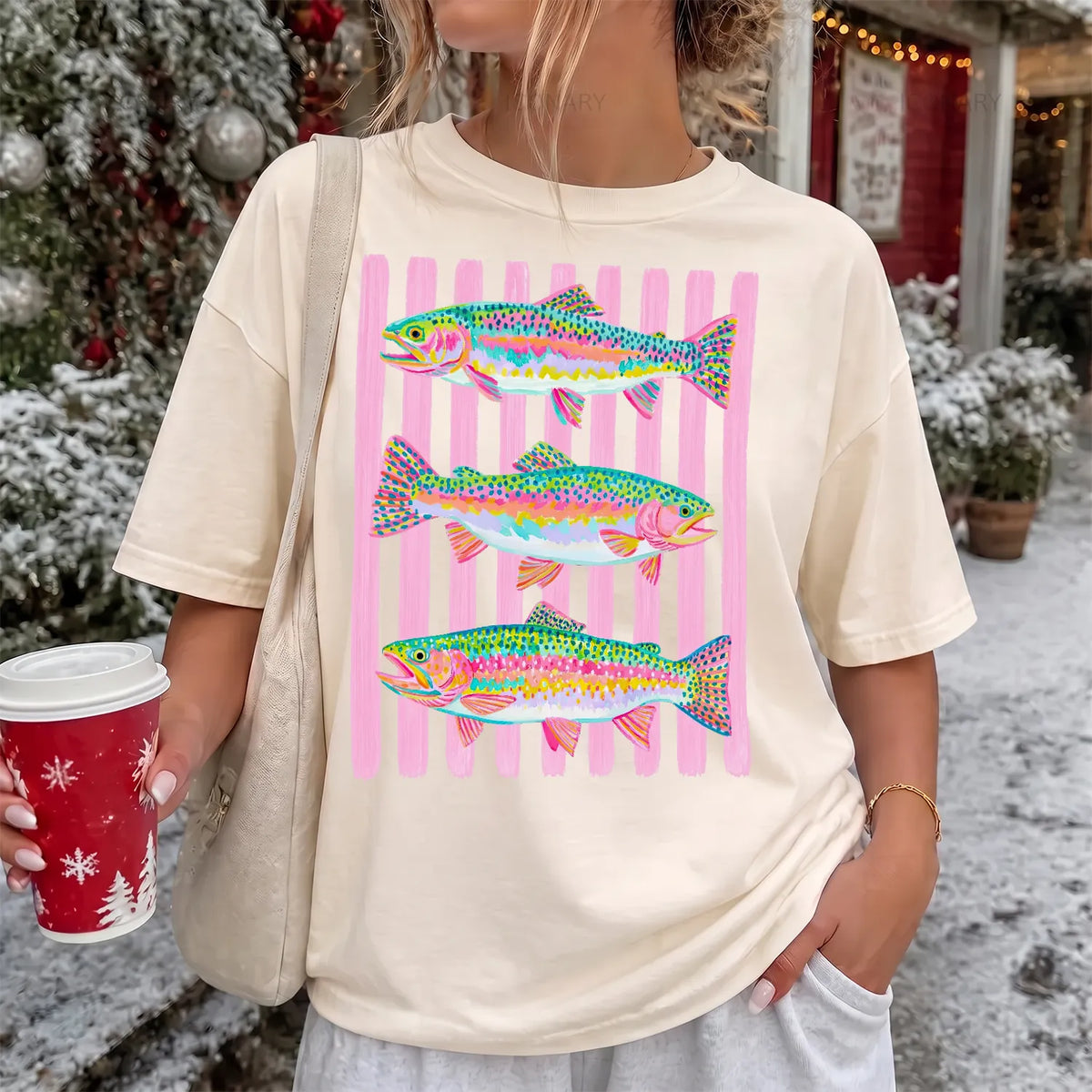 Bright Rainbow Trout T-Shirt Women model in Ivory
