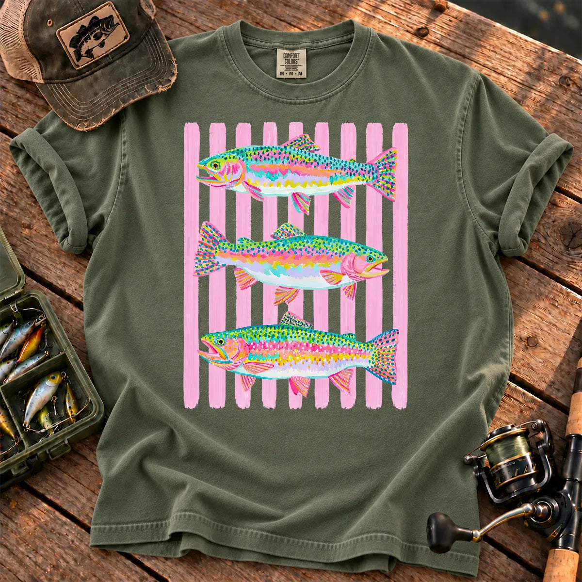 Bright Rainbow Trout T-Shirt in Moss
