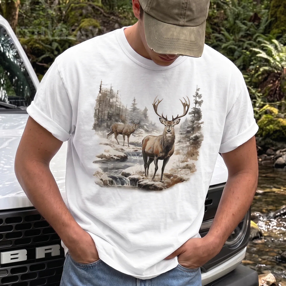Buck and Doe Wilderness T-Shirt Men model in White