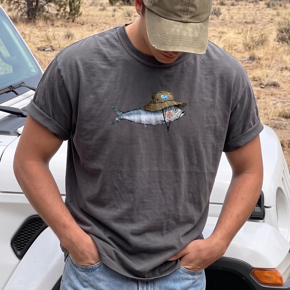 Bucket Hat Fish T-Shirt Men model in Pepper