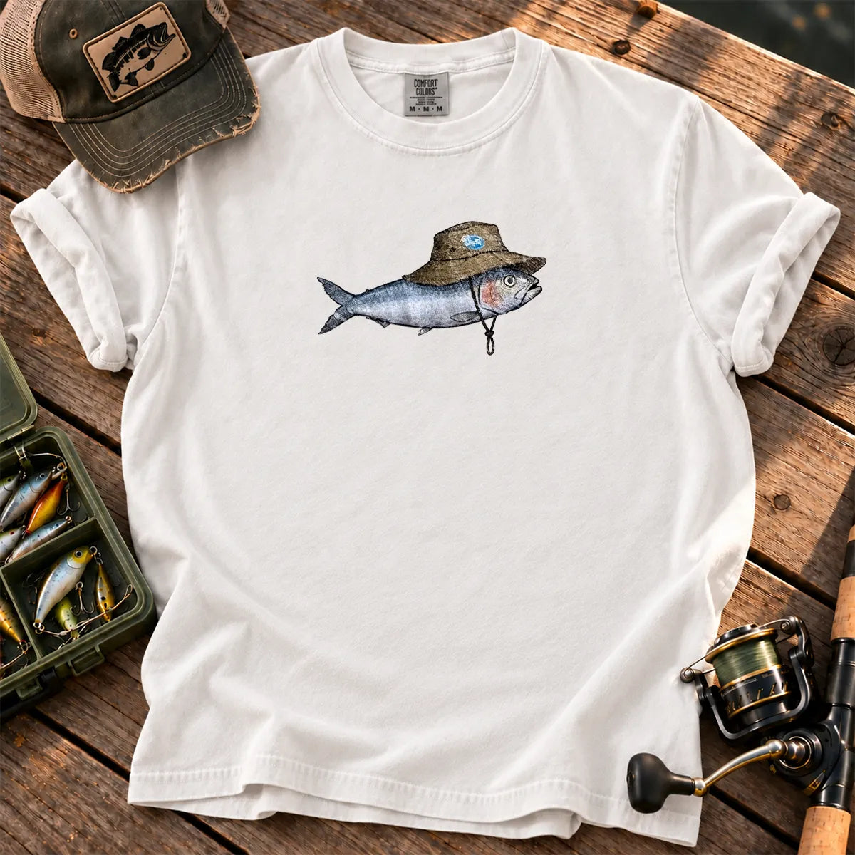 Bucket Hat Fish T-Shirt in White