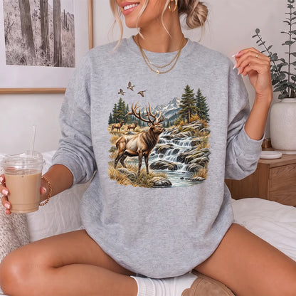 Bull Elk Waterfall Sweatshirt Women model in Sport Grey