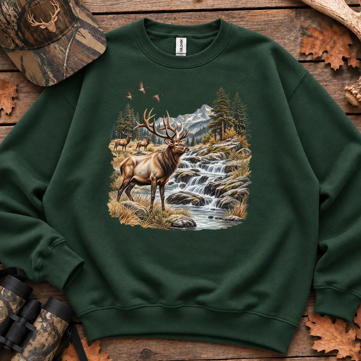 Bull Elk Waterfall Sweatshirt in Forest Green