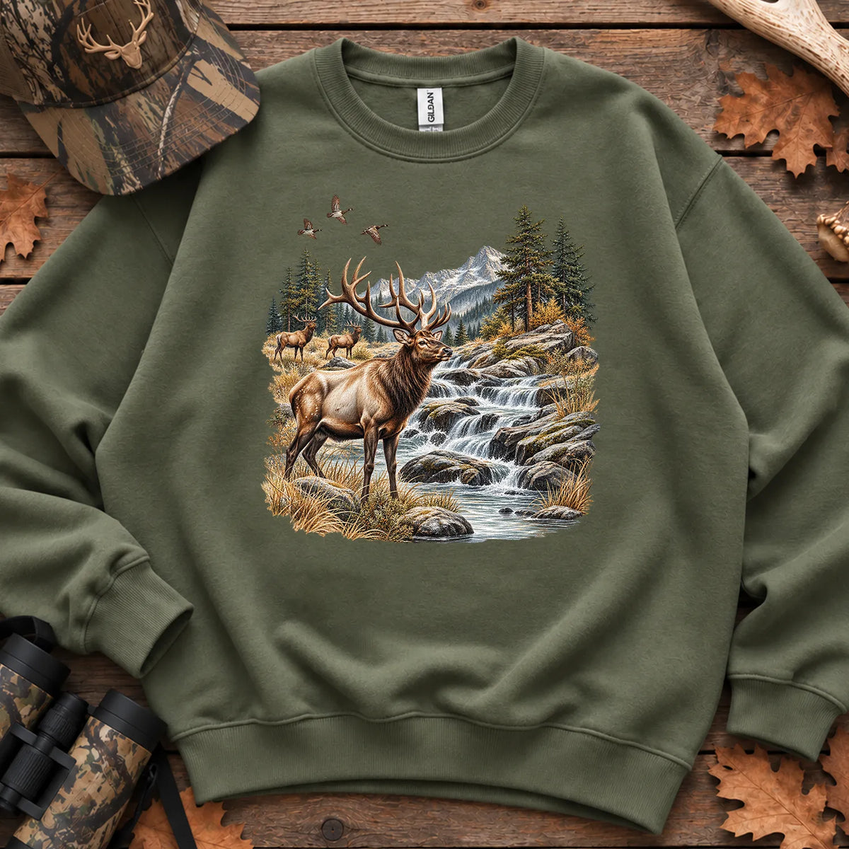 Bull Elk Waterfall Sweatshirt in Military Green