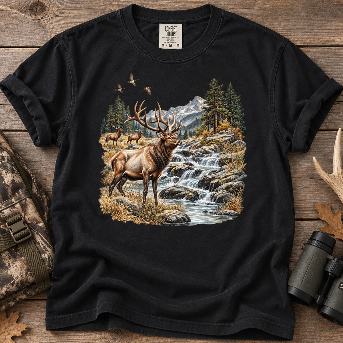 Bull Elk Waterfall T-Shirt in Black