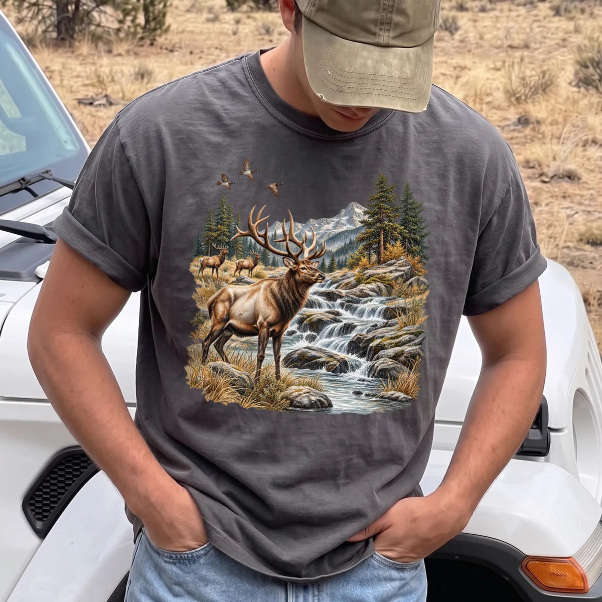 Bull Elk Waterfall T-Shirt Men model in Pepper