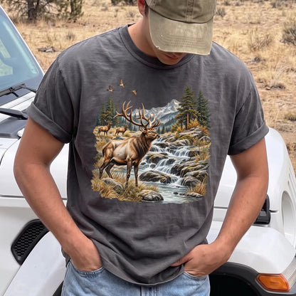 Bull Elk Waterfall T-Shirt Men model in Pepper