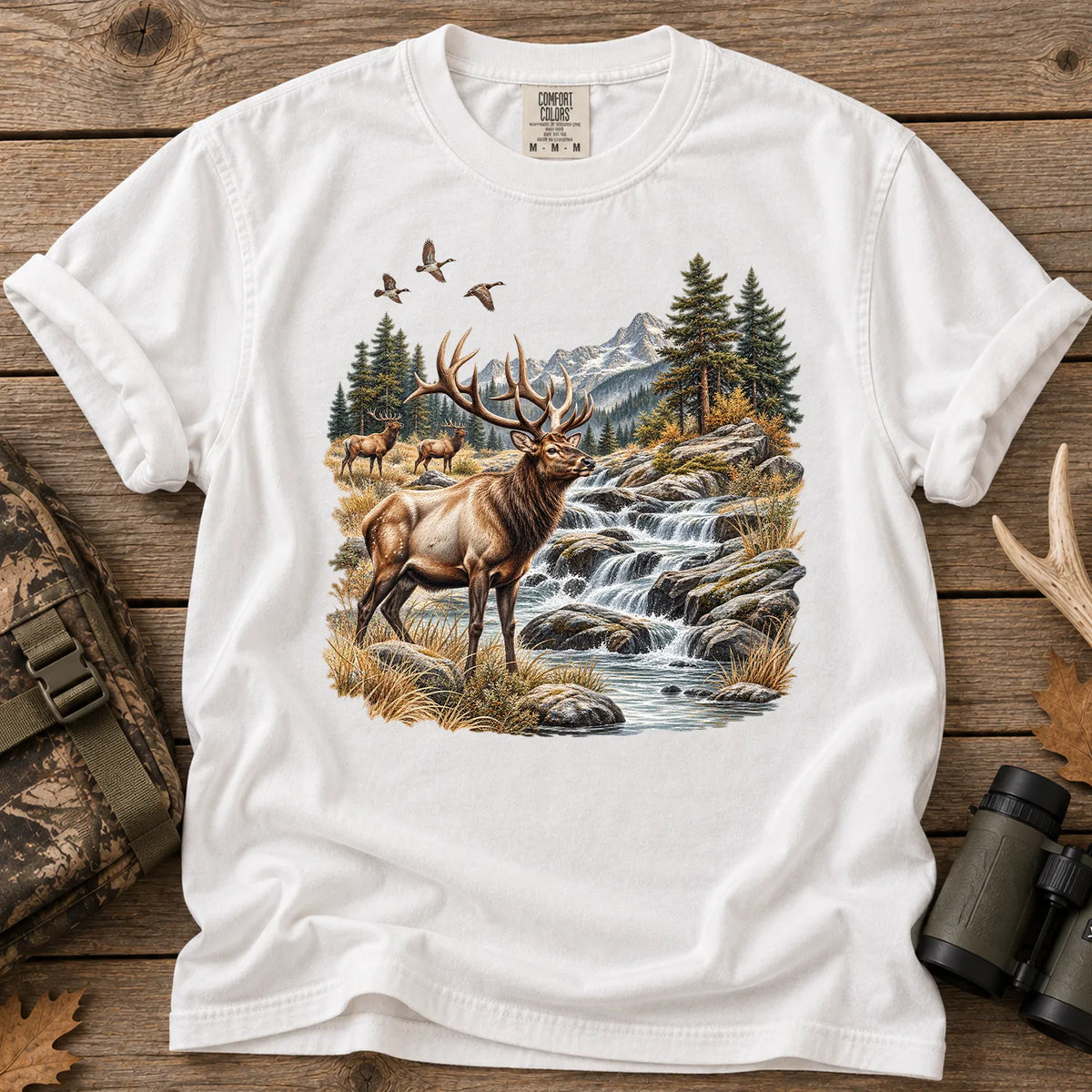 Bull Elk Waterfall T-Shirt in White