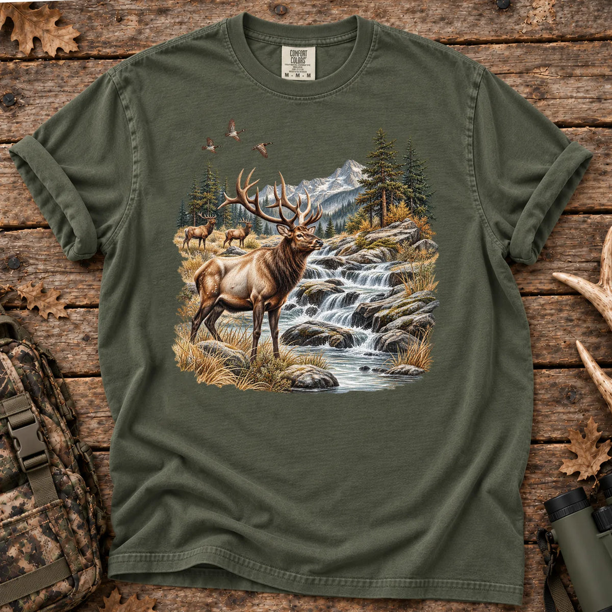 Bull Elk Waterfall T-Shirt in Moss