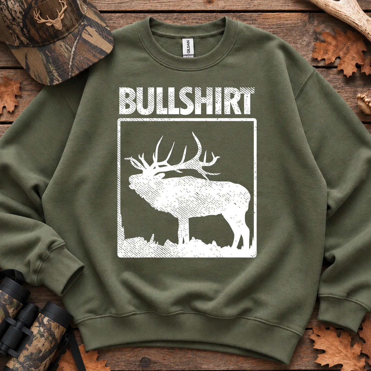 Bullshirt Elk Humor Sweatshirt in Military Green