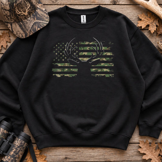 Camo American Flag Antlers Sweatshirt in Black